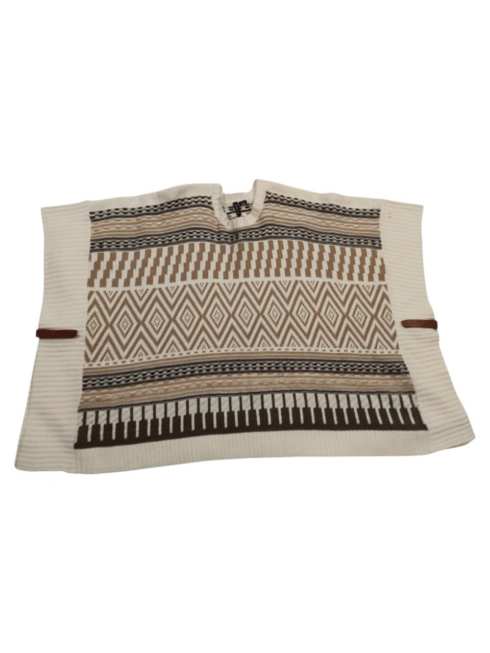 Ethyl Aztec Geometric Knit Sweater Vest Poncho Tan Blown Leather Buckles S